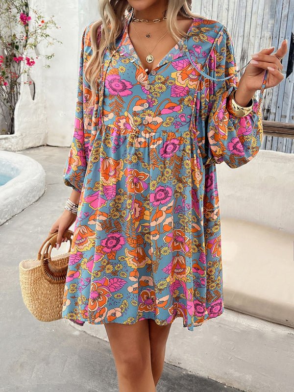 New V - neck loose casual full - body printed dress - Casual Dress